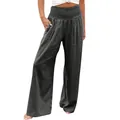 Women's casual dark grey wide leg cotton linen trousers with high smocked waist and pockets - Dark Gray