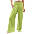 Casual wide-leg pants in lime green featuring a smocked high waist and side pockets - S / Bottoms / Yellow-Green