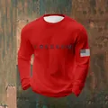 Men's red waffle knit sweatshirt detail showing Freedom print and sleeve flag patch. - S / Tops / Red