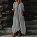 Detailed view of grey plus size Bohemian maxi dress with functional side pockets. - S / Dresses / Gray