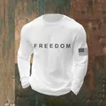 Close-up detail of a white waffle knit crew neck sweatshirt with Freedom text print - S / Tops / White