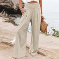 Casual beige wide-leg cotton linen trousers for women, perfect for beach holidays. - Apricot