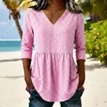 Women's pink gingham checkered top with V-neckline and tiered peplum hem design - S / Tops / Pink