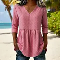 Casual red and white gingham V-neck top with ruffled hem for summer beach style - S / Tops / Red