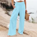 Pantaloni a gamba larga celeste a vita alta da donna, perfetti per look estivi da spiaggia. - Taglia S / Pantaloni e gonne / Celeste