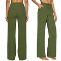 Front and back detail of olive green high waisted wide leg trousers with pockets. - Green
