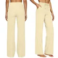 High waisted beige flared casual pants with drawstring and pockets, front and back view - Milky Apricot