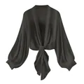Elegant black chiffon sun protection blouse featuring a tie-front and lantern sleeves - S / Tops / Black