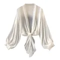 Elegant women's white tie-front chiffon sun protection blouse with lantern sleeves and V-neck - S / Tops / White
