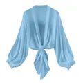 Elegant light blue sheer chiffon sun protection cardigan featuring a front tie knot design - S / Tops / Lake Blue