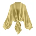 Elegant yellow chiffon tie-front sunshade blouse for women with lantern sleeves - S / Tops / Bright yellow