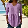 Stylish purple gingham checkered V-neck top with casual peplum waist and ruffled hem - Purple