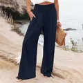 Women's high-waisted navy blue wide-leg pants featuring a loose summer casual fit design - S / Bottoms / Black