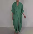 Comfortable solid green V-neck maxi bathrobe dress featuring oversized side pockets. - Green