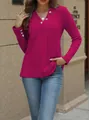 Fuchsiafarbenes, geripptes Langarm-T-Shirt mit V-Ausschnitt und dekorativen Knöpfen - S / Oberteile / Fuchsia