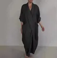Oversized loose-fit V-neck maxi robe dress with large functional pockets in solid black - 3XL / Dresses / Black