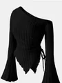 Detail view of black asymmetric one-shoulder top with bell sleeves and ribbed texture. - S / Tops / Black