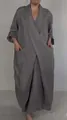 Full view of casual grey V-neck maxi robe dress with large functional pockets - Gray