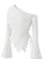 Detail view of white one-shoulder ribbed top with elegant flared sleeves and side tie. - S / Tops / White