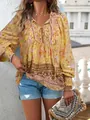 Bohemian floral print V-neck blouse with tie-front detail in a sunny yellow shade - 3XL / Tops / Yellow