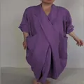 Loose-fitting oversized purple V-neck bathrobe dress with functional large front pockets - Purple