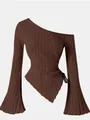Detailed view of the brown ribbed knit fabric and asymmetrical flare sleeve design. - S / Tops / Coffee