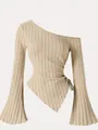 Detail view of ribbed one-shoulder top with flared sleeves and asymmetrical hemline - Apricot