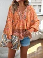 Floral print bohemian V-neck blouse with tie front and long elastic cuff sleeves - 3XL / Tops / Orange
