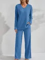 Γυναικείο μπλε σετ homewear με πλέξη rib, μακρυμάνικη μπλούζα και φαρδιά παντελόνα - S / Τοπ και Παντελόνι / Μπλε