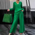 Casual green two-piece set with V-neck long sleeve top and matching wide leg pants - Green