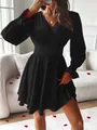 Elegant black long sleeve mini dress featuring a V-neckline and double-layered ruffled skirt - S / Dresses / Black