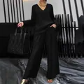 Casual black two-piece travel set with long sleeve V-neck top and wide-leg trousers - Black