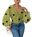 Stylish olive green V-neck blouse with black polka dots and dramatic long puff sleeves - S / Tops / Green
