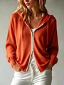 Close-up of a women's orange hooded zip-up knit cardigan with a loose thin fit - S / Tops / Orange