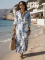 Boho μάξι πουκάμισο φόρεμα με μπλε και λευκό φλοράλ σχέδιο στην παραλία - S / Dresses / Πολύχρωμο 1