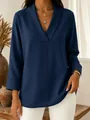 Detailed view of navy blue V-neck shawl collar blouse with elegant fabric texture - 4XL / Tops / Navy Blue