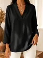 Elegant black shawl collar V-neck blouse for women, casual loose fit long sleeve top shirt. - Black
