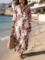 Detailed shot of bohemian floral print and ruffled hem on a holiday maxi shirt dress. - Pattern 5