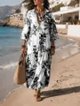Βοημικό μάξι φόρεμα με φλοράλ τύπωμα, μακριά μανίκια και πλισέ στρίφωμα για διακοπές - S / Dresses / Φλοράλ Σχέδιο 3