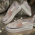 Stylish sparkly rhinestone platform loafers featuring mesh upper and thick white soles - 35 / Pink