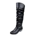 Side view of black slouchy knee-high boots with round toe and low flat heel design - 35 / Flat Heel / Black