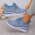 Close-up detail of light blue rhinestone wedge sneakers with breathable mesh upper - 36 / Sky Blue