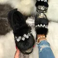 Elegant black women's faux fur loafers featuring sparkling rhinestone heart accents - 44 / Heart Rhinestone Style (69464) / Heart Black