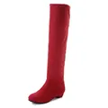 Elegant red suede over-the-knee boots with low heel and stretchy comfortable fit. - 35 / Red