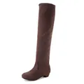 Elegant brown suede over-the-knee boots with elastic stretch fabric and low heel for women - 35 / Brown
