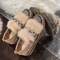 Fashionable brown women's loafers with plush fur trim and sparkling rhinestone band - 44 / Heart Rhinestone Style (69464) / Off-White Heart