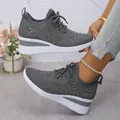 Close-up of grey rhinestone platform sneakers with breathable mesh and wedge sole. - 36 / Dark Gray