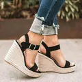 Sandales compensées espadrilles noires pour femmes avec bride cheville et bout ouvert - 35 / Noir