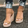 Sandales espadrilles compensées marron clair pour femmes avec bride cheville et bout ouvert - 35 / Marron