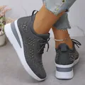 Detail of dark grey rhinestone platform sneakers with breathable mesh upper - 36 / Dark Gray